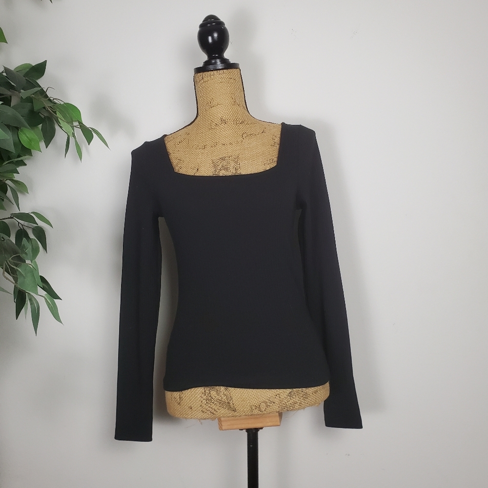 NEW Ann Taylor LOFT Elegant Square Neck Black Ribbed Women's Long Sleeve SZ XS